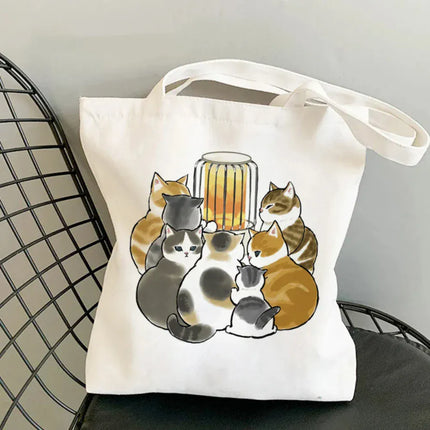EcoWarra 10 Kawai Cats and Food Creativity Inspired Canvas Bag Casual Shoulder Bag Eco Friendly Little Cat Bag for Shopping Office Travel