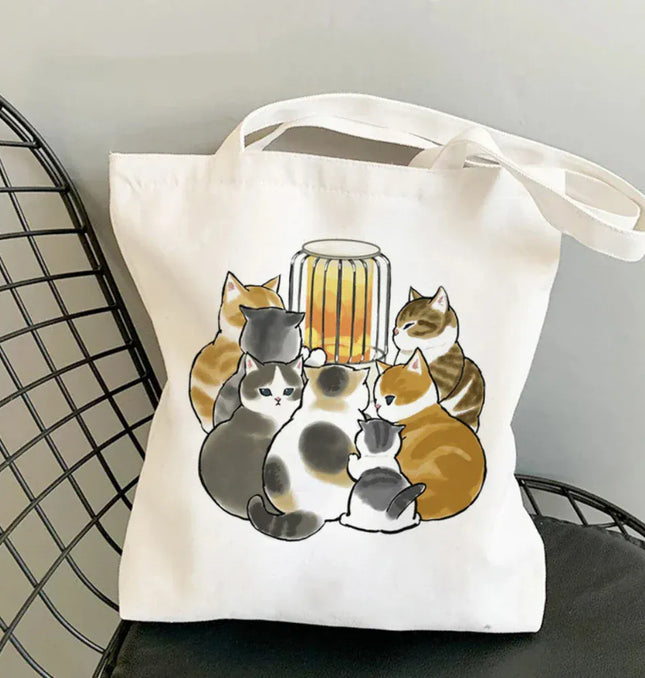 EcoWarra 10 Kawai Cats and Food Creativity Inspired Canvas Bag Casual Shoulder Bag Eco Friendly Little Cat Bag for Shopping Office Travel