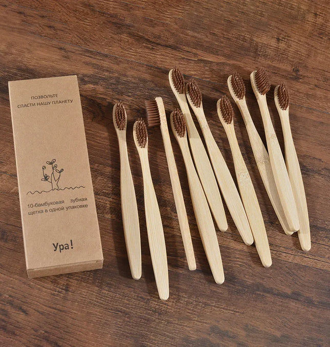 EcoWarra 10 Piece  Brown 10Pcs Colorful Toothbrush Natural Bamboo Tooth Brush Sets Soft Bristle Charcoal Teeth Eco Bamboo Toothbrushes Dental Oral Care