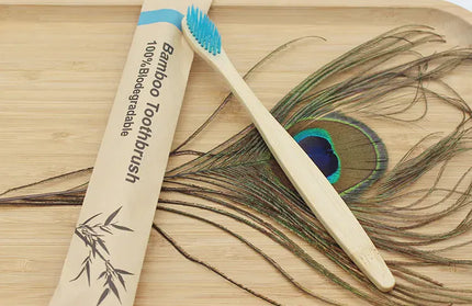 EcoWarra 100Pcs Blue Bamboo Toothbrushes 100Pcs Eco Friendly Resuable Toothbrush Adult Wooden Soft Tooth Brush Eco Friendly Vegan