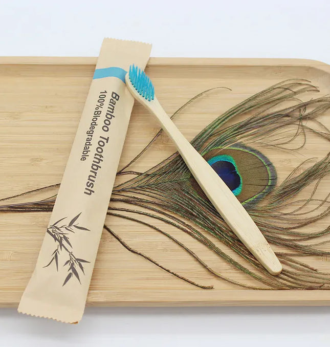 EcoWarra 100Pcs Blue Bamboo Toothbrushes 100Pcs Eco Friendly Resuable Toothbrush Adult Wooden Soft Tooth Brush Eco Friendly Vegan