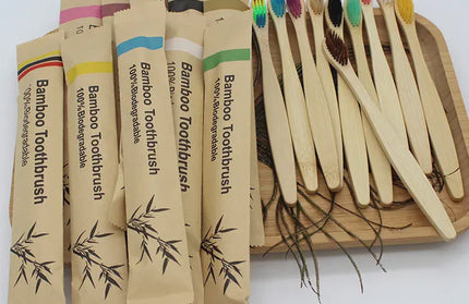 EcoWarra 100Pcs Mixed color Bamboo Toothbrushes 100Pcs Eco Friendly Resuable Toothbrush Adult Wooden Soft Tooth Brush Eco Friendly Vegan
