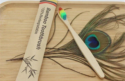 EcoWarra 100Pcs Rainbow color Bamboo Toothbrushes 100Pcs Eco Friendly Resuable Toothbrush Adult Wooden Soft Tooth Brush Eco Friendly Vegan