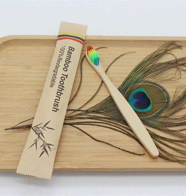 EcoWarra 100Pcs Rainbow color Bamboo Toothbrushes 100Pcs Eco Friendly Resuable Toothbrush Adult Wooden Soft Tooth Brush Eco Friendly Vegan