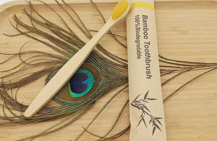 EcoWarra 100Pcs Yellow Bamboo Toothbrushes 100Pcs Eco Friendly Resuable Toothbrush Adult Wooden Soft Tooth Brush Eco Friendly Vegan