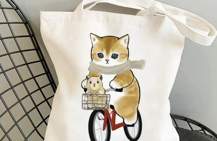 EcoWarra 12 Kawai Cats and Food Creativity Inspired Canvas Bag Casual Shoulder Bag Eco Friendly Little Cat Bag for Shopping Office Travel