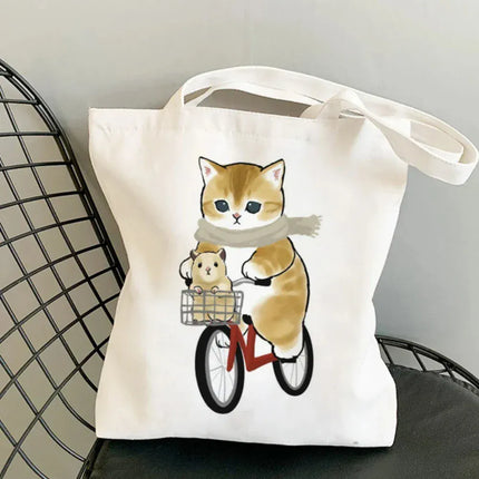 EcoWarra 12 Kawai Cats and Food Creativity Inspired Canvas Bag Casual Shoulder Bag Eco Friendly Little Cat Bag for Shopping Office Travel