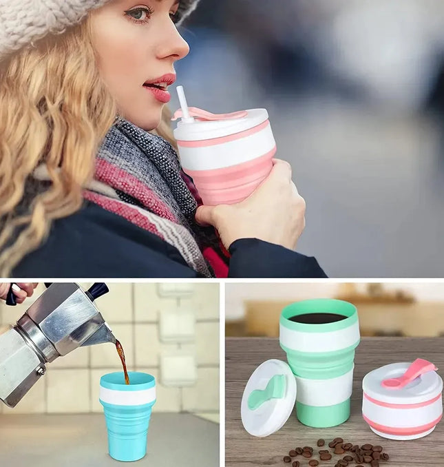 EcoWarra 12 Oz Reusable Silicone Collapsible Cups with Lid for Camping 350ml 500ml Portable Folding Coffee Cups for Travel