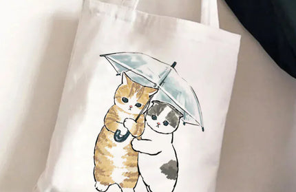 EcoWarra 14 Kawai Cats and Food Creativity Inspired Canvas Bag Casual Shoulder Bag Eco Friendly Little Cat Bag for Shopping Office Travel