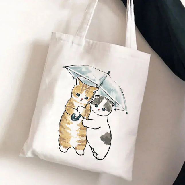 EcoWarra 14 Kawai Cats and Food Creativity Inspired Canvas Bag Casual Shoulder Bag Eco Friendly Little Cat Bag for Shopping Office Travel