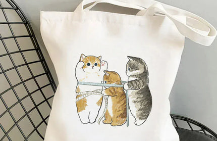 EcoWarra 15 Kawai Cats and Food Creativity Inspired Canvas Bag Casual Shoulder Bag Eco Friendly Little Cat Bag for Shopping Office Travel