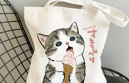 EcoWarra 16 Kawai Cats and Food Creativity Inspired Canvas Bag Casual Shoulder Bag Eco Friendly Little Cat Bag for Shopping Office Travel