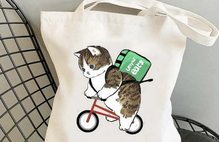 EcoWarra 19 Kawai Cats and Food Creativity Inspired Canvas Bag Casual Shoulder Bag Eco Friendly Little Cat Bag for Shopping Office Travel