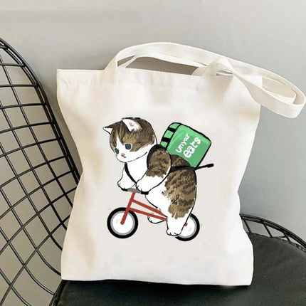 EcoWarra 19 Kawai Cats and Food Creativity Inspired Canvas Bag Casual Shoulder Bag Eco Friendly Little Cat Bag for Shopping Office Travel