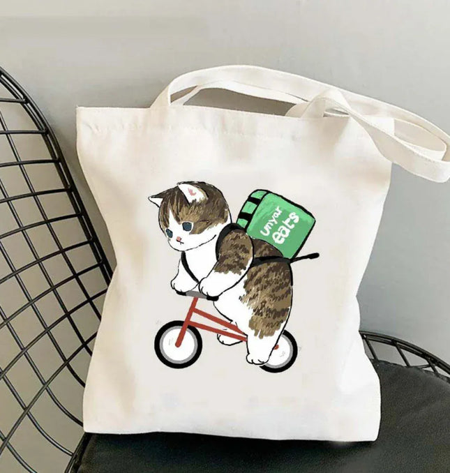 EcoWarra 19 Kawai Cats and Food Creativity Inspired Canvas Bag Casual Shoulder Bag Eco Friendly Little Cat Bag for Shopping Office Travel
