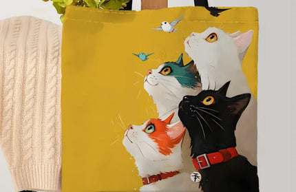 EcoWarra 1pc Stacked Cat Handbag, Reusable Fashionable Handbag, Multifunctional Handbag, Printed Canvas Shopping Bag
