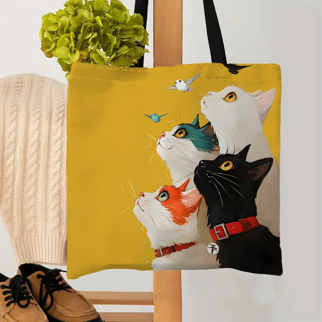 EcoWarra 1pc Stacked Cat Handbag, Reusable Fashionable Handbag, Multifunctional Handbag, Printed Canvas Shopping Bag