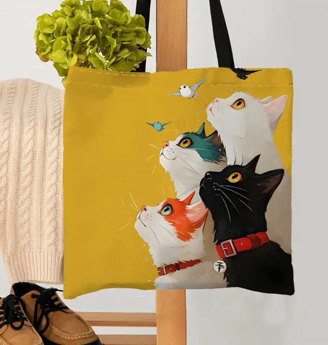EcoWarra 1pc Stacked Cat Handbag, Reusable Fashionable Handbag, Multifunctional Handbag, Printed Canvas Shopping Bag