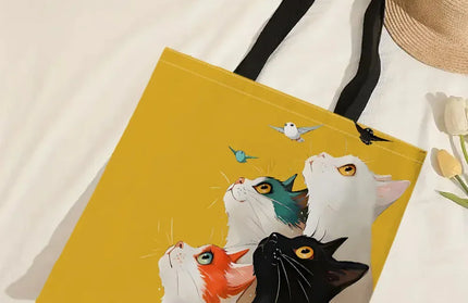 EcoWarra 1pc Stacked Cat Handbag, Reusable Fashionable Handbag, Multifunctional Handbag, Printed Canvas Shopping Bag
