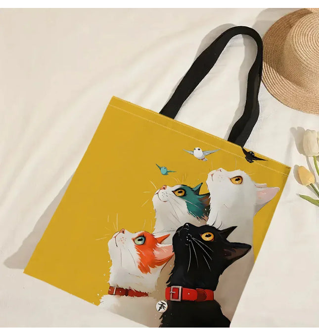 EcoWarra 1pc Stacked Cat Handbag, Reusable Fashionable Handbag, Multifunctional Handbag, Printed Canvas Shopping Bag