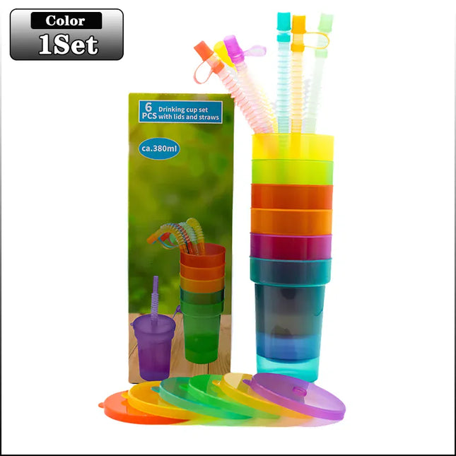 EcoWarra 1Set Colorful Expandable Plastic Straw Cup with Leak Proof Lid Siphon Mug for Summer Outdoor Travel Home Juice Milk Water DrinkingUse