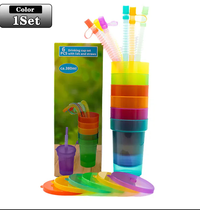 EcoWarra 1Set Colorful Expandable Plastic Straw Cup with Leak Proof Lid Siphon Mug for Summer Outdoor Travel Home Juice Milk Water DrinkingUse