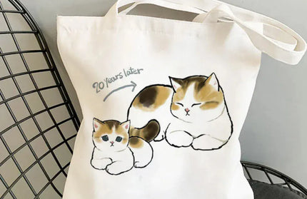 EcoWarra 2 Kawai Cats and Food Creativity Inspired Canvas Bag Casual Shoulder Bag Eco Friendly Little Cat Bag for Shopping Office Travel