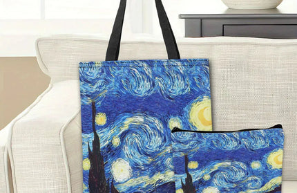 EcoWarra 2pc Van Gogh Series Tote Bag Cosmetic Pouch Oil Painting Starry Night Sunflower Travel Handbag Practical Combination Shopping Bags