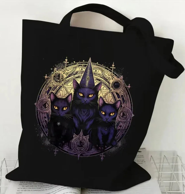 EcoWarra 3 Halloween Gothic-style Dark Cat Canvas Tote Bag Shoulder Bag Casual Shoulder Bag Eco Bag for Shopping Office Travel Yoga School