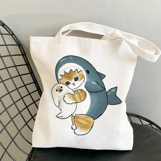 EcoWarra 3 Kawai Cats and Food Creativity Inspired Canvas Bag Casual Shoulder Bag Eco Friendly Little Cat Bag for Shopping Office Travel