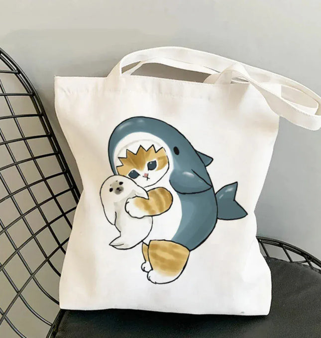 EcoWarra 3 Kawai Cats and Food Creativity Inspired Canvas Bag Casual Shoulder Bag Eco Friendly Little Cat Bag for Shopping Office Travel