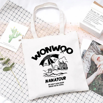 EcoWarra 3 Kpop Nanatour Shoulder Bag Summer Simple White Letter Print Canvas Bag S.Coups Jeonghan Y2k Women's Travel Handbag Eco