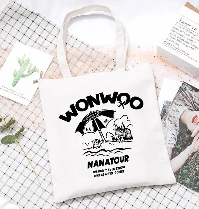 EcoWarra 3 Kpop Nanatour Shoulder Bag Summer Simple White Letter Print Canvas Bag S.Coups Jeonghan Y2k Women's Travel Handbag Eco