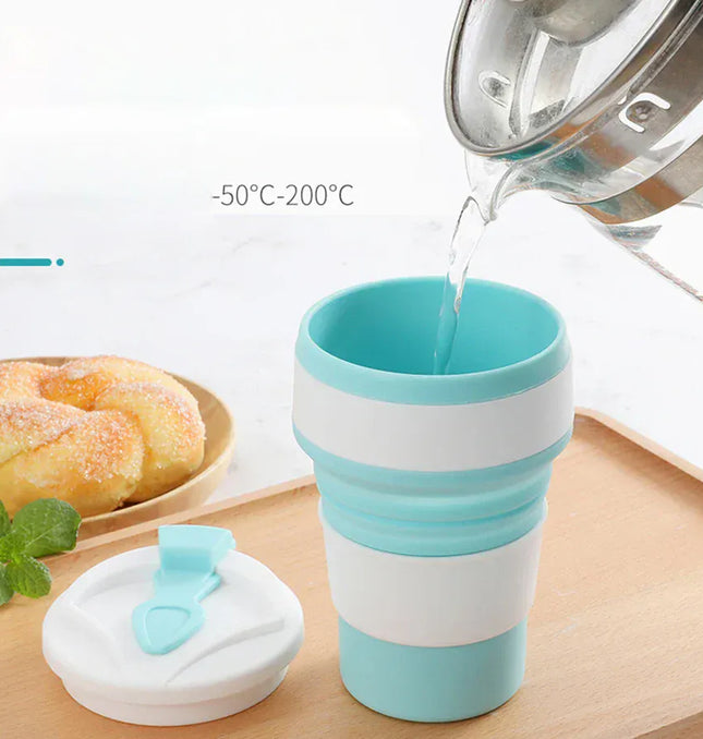 EcoWarra 350ML Food-Grade Silicone Folding Cup, With Lid, Reusable Portable Coffee Cup, Hot Drink ,Suitable For Travel And Camping