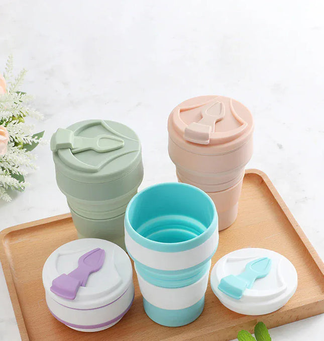 EcoWarra 350ML Food-Grade Silicone Folding Cup, With Lid, Reusable Portable Coffee Cup, Hot Drink ,Suitable For Travel And Camping