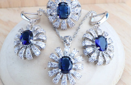 EcoWarra 3PCS-Blue / 7 Blue Zirconia Women Silver 925 Jewelry Sets Wedding Bridal Costume Jewellery Earrings Rings Stone Bracelets Set Pendant Necklace