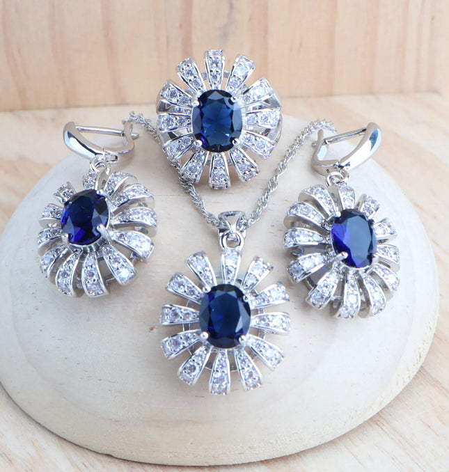 EcoWarra 3PCS-Blue / 9 Blue Zirconia Women Silver 925 Jewelry Sets Wedding Bridal Costume Jewellery Earrings Rings Stone Bracelets Set Pendant Necklace