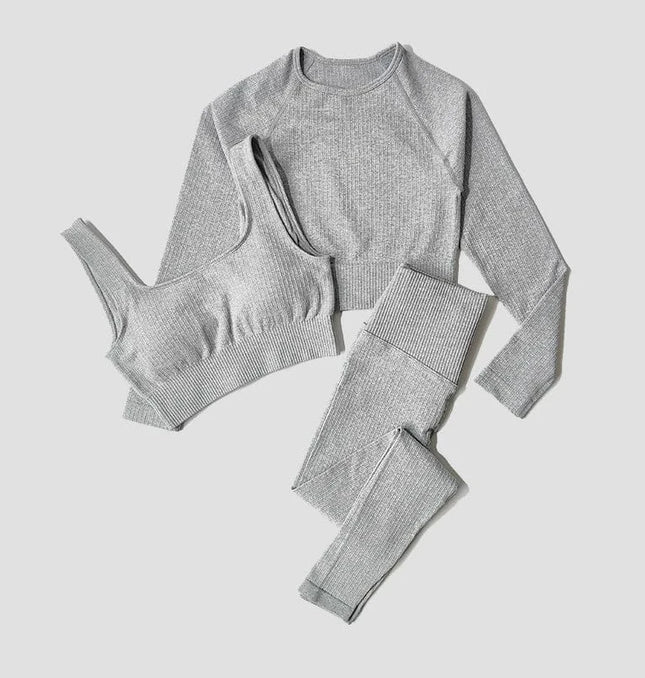 EcoWarra 3pcsGray / L(62-75KG) Yoga Set Seamless Women's Sportswear Workout Clothes Athletic Wear Gym Legging Fitness Bra Crop Top Long Sleeve Sports Suits
