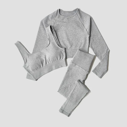 EcoWarra 3pcsGray / M(55-62KG) Yoga Set Seamless Women's Sportswear Workout Clothes Athletic Wear Gym Legging Fitness Bra Crop Top Long Sleeve Sports Suits