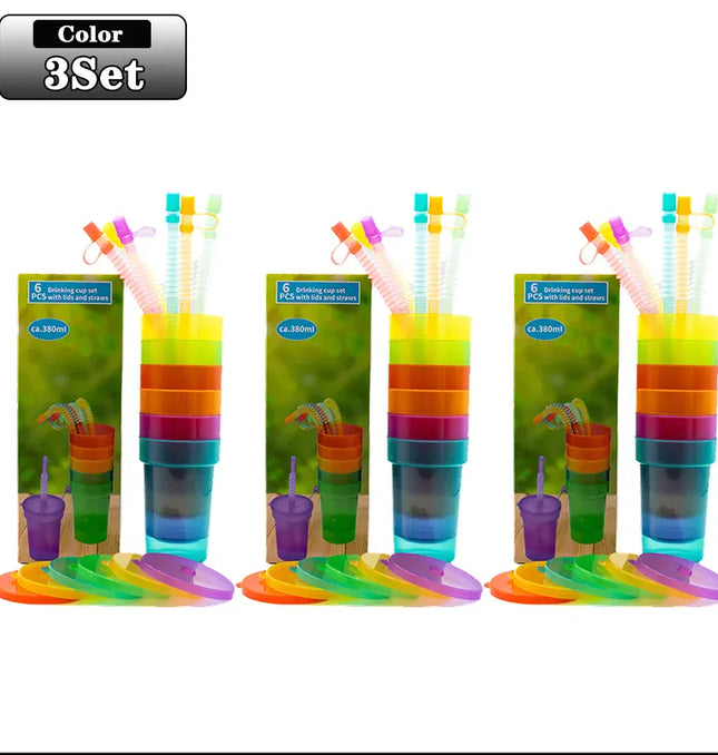 EcoWarra 3Set Colorful Expandable Plastic Straw Cup with Leak Proof Lid Siphon Mug for Summer Outdoor Travel Home Juice Milk Water DrinkingUse