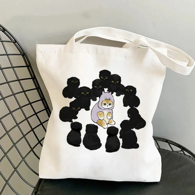 EcoWarra 4 Kawai Cats and Food Creativity Inspired Canvas Bag Casual Shoulder Bag Eco Friendly Little Cat Bag for Shopping Office Travel