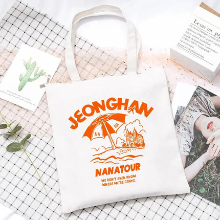 EcoWarra 4 Kpop Nanatour Shoulder Bag Summer Simple White Letter Print Canvas Bag S.Coups Jeonghan Y2k Women's Travel Handbag Eco