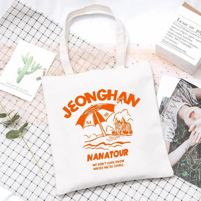 EcoWarra 4 Kpop Nanatour Shoulder Bag Summer Simple White Letter Print Canvas Bag S.Coups Jeonghan Y2k Women's Travel Handbag Eco