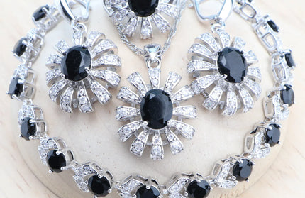 EcoWarra 4PCS-Black / 7 Blue Zirconia Women Silver 925 Jewelry Sets Wedding Bridal Costume Jewellery Earrings Rings Stone Bracelets Set Pendant Necklace