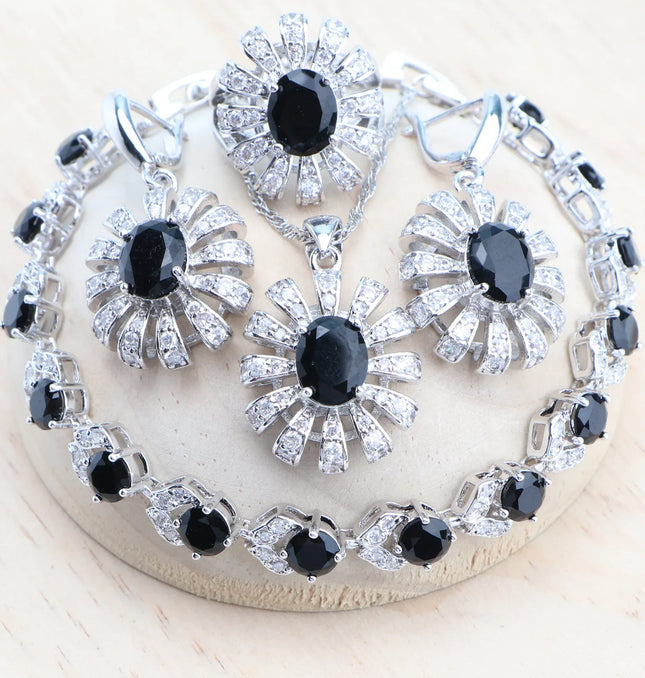 EcoWarra 4PCS-Black / 8 Blue Zirconia Women Silver 925 Jewelry Sets Wedding Bridal Costume Jewellery Earrings Rings Stone Bracelets Set Pendant Necklace
