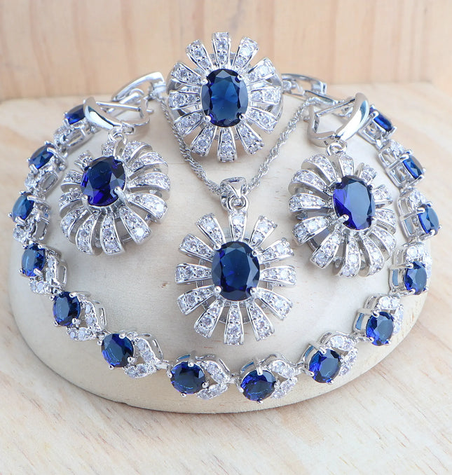 EcoWarra 4PCS-Blue / 10 Blue Zirconia Women Silver 925 Jewelry Sets Wedding Bridal Costume Jewellery Earrings Rings Stone Bracelets Set Pendant Necklace