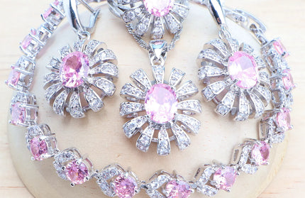 EcoWarra 4PCS-Pink / 9 Blue Zirconia Women Silver 925 Jewelry Sets Wedding Bridal Costume Jewellery Earrings Rings Stone Bracelets Set Pendant Necklace