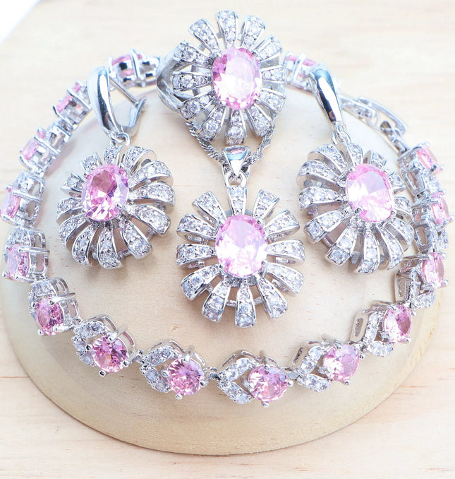 EcoWarra 4PCS-Pink / 9 Blue Zirconia Women Silver 925 Jewelry Sets Wedding Bridal Costume Jewellery Earrings Rings Stone Bracelets Set Pendant Necklace