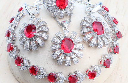 EcoWarra 4PCS-Red / 7 Blue Zirconia Women Silver 925 Jewelry Sets Wedding Bridal Costume Jewellery Earrings Rings Stone Bracelets Set Pendant Necklace