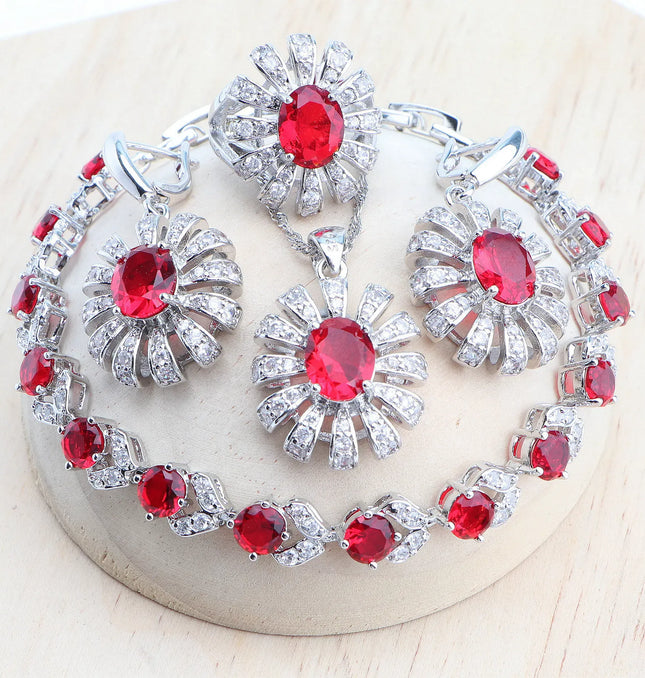 EcoWarra 4PCS-Red / 8 Blue Zirconia Women Silver 925 Jewelry Sets Wedding Bridal Costume Jewellery Earrings Rings Stone Bracelets Set Pendant Necklace
